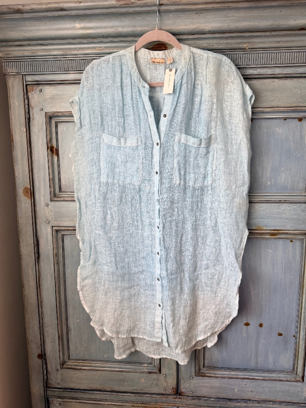 Anthropologie Holding Horses Linen Long Bottom Down Top in Faded Blue Size M NWT